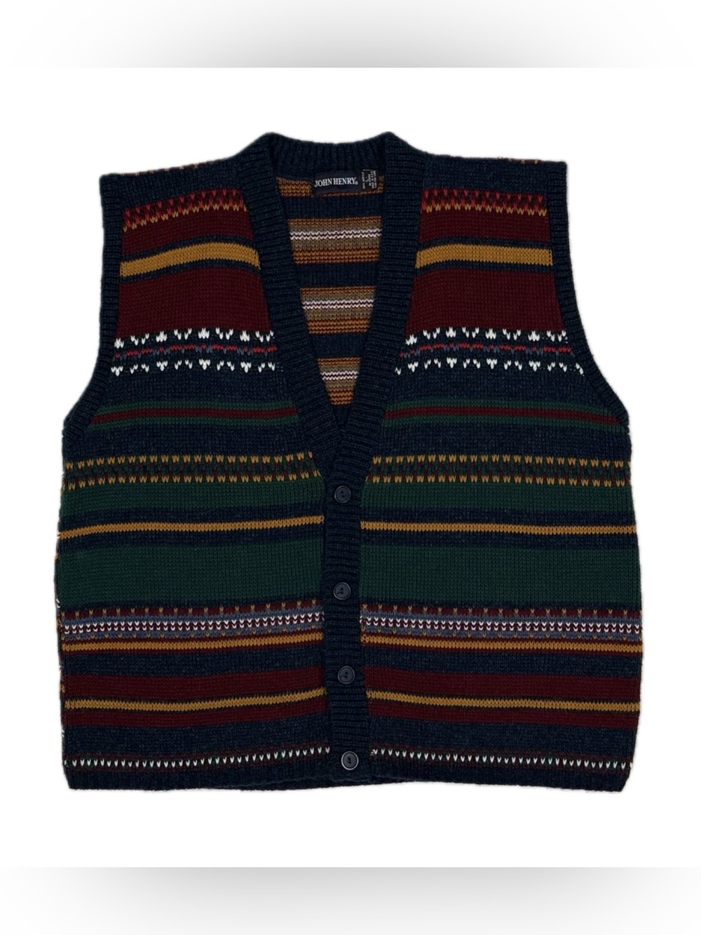 Vtg 90s John Henry Acrylic Multicolor Cardigan Sweater Vest Men Large‎